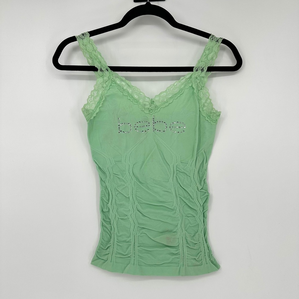 Y2K Bebe Mint Green Ruched Lace Hem Tank Top Camisole Rhinestone FLAWS